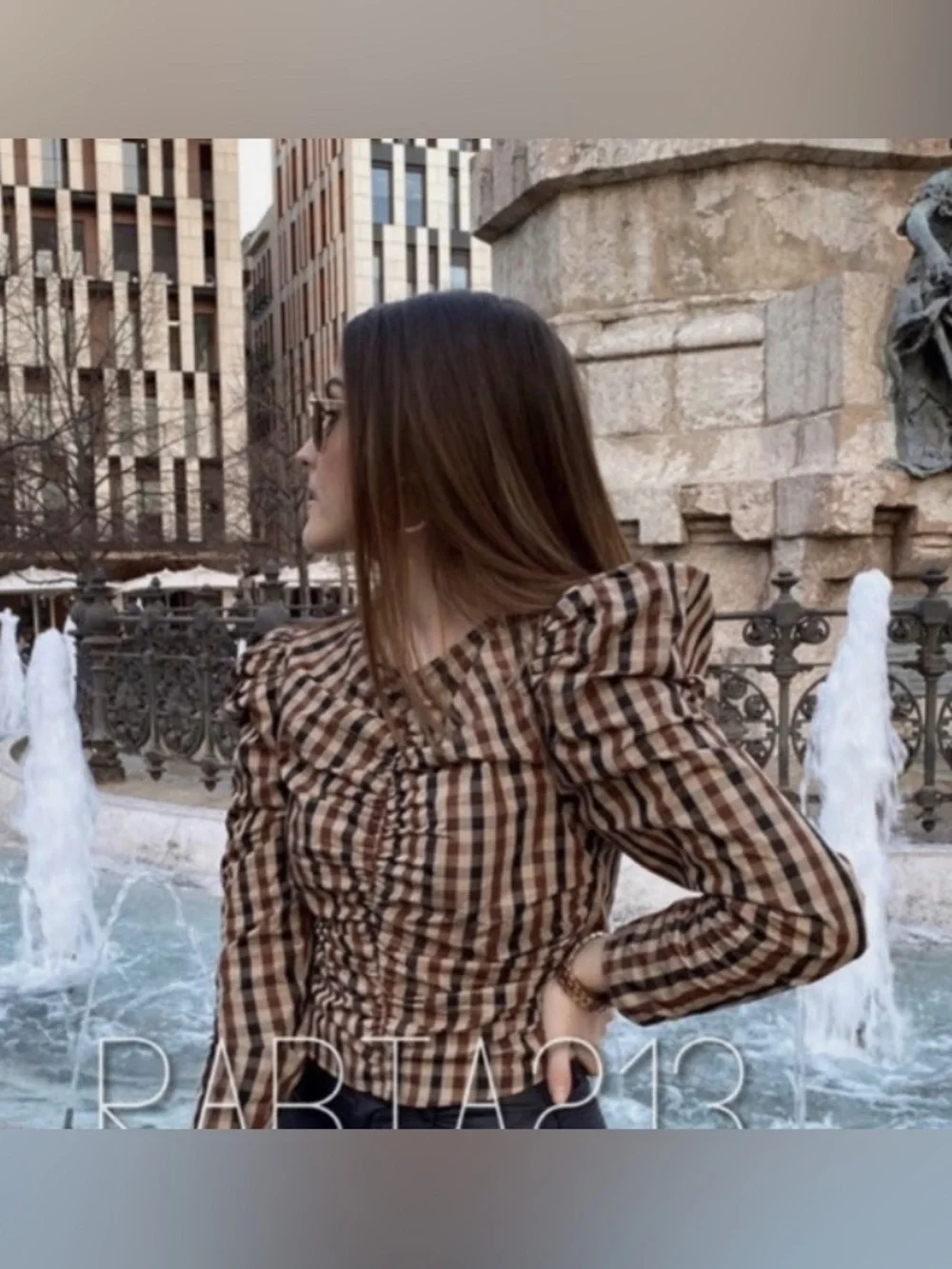 Zara Checked Puff-Sleeve V-Neck Blouse in Brown